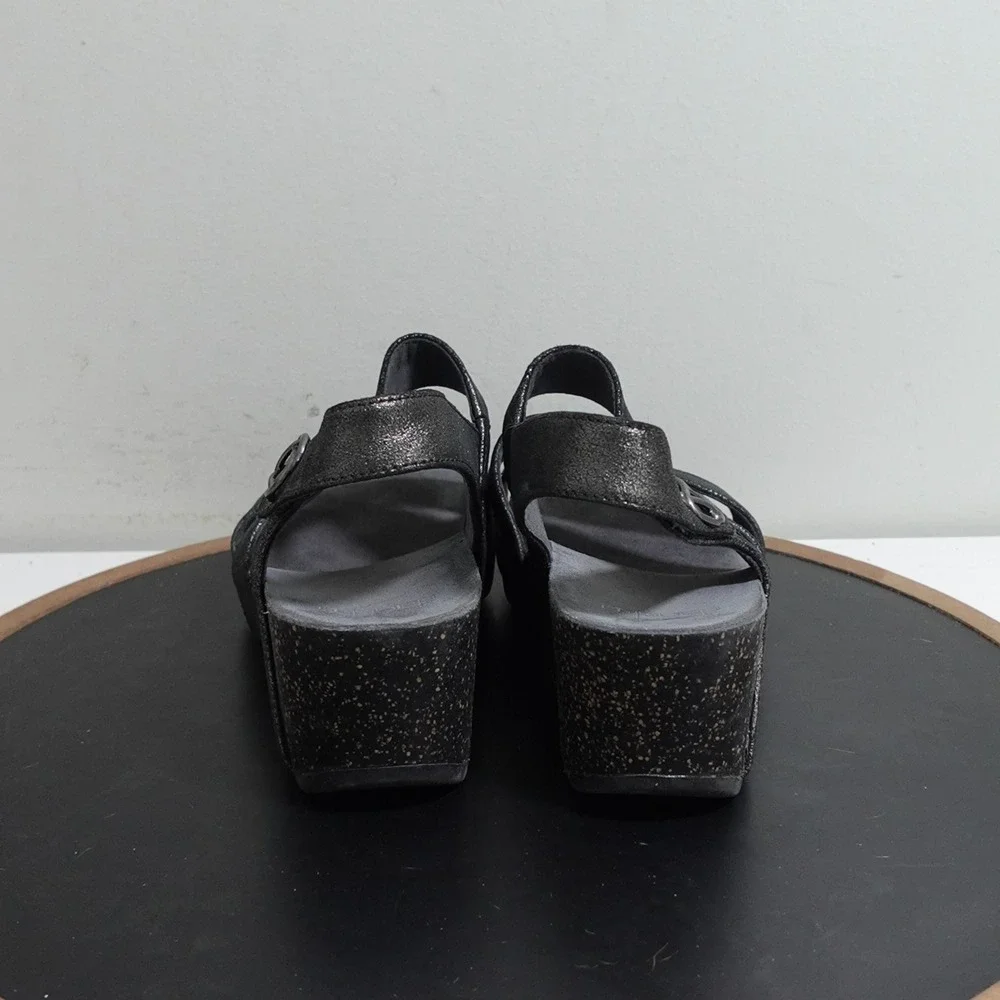 Dansko‎ Brandi Wedge Sandals Women 38 7.5-8 Metallic Black Leather Comfort Dress